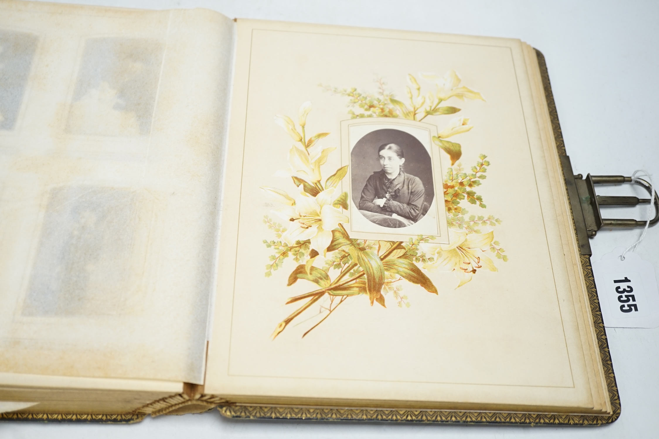 An album of Victorian sketches, photographs, scraps and prints and a leather photograph album, photograph album 29.5cm high. Condition - fair to good